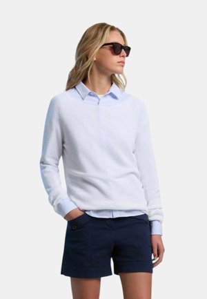 Maglione bianco a trama sopra una camicia blu con colletto, abbinato a pantaloni corti blu scuro. Modello con occhiali da sole scuri, mani in tasca. Design minimalista.