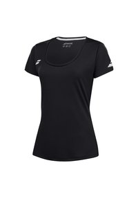 Camisa deportiva negra con cuello redondeado, mangas cortas y un sutil detalle gris en el hombro. Fabricada con una tela ligera y suave.