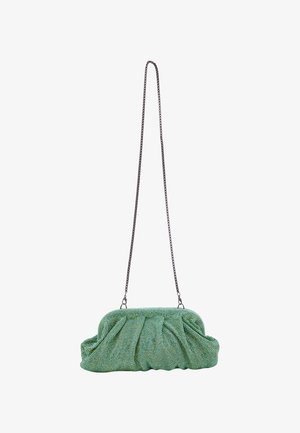 Zielona torebka kopertówka w kratkę z marszczonym wzorem. Posiada czarny łańcuszek. Wykonana z teksturowanej tkaniny.