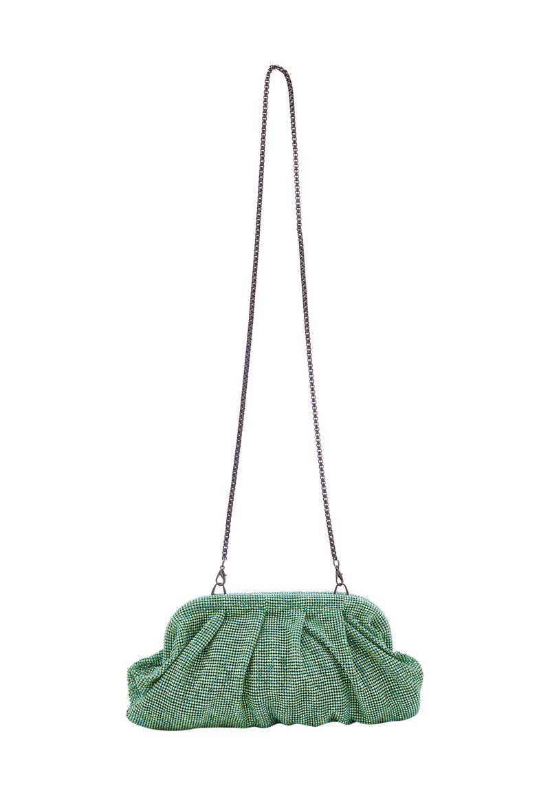 Zöld, kockás clutch táska ráncolt dizájnnal. Fekete lánc pánttal rendelkezik. Texturált anyagból készült.
