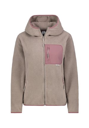 Beige fleece jack met een roze ritszak. Heeft een capuchon en ritsen aan de zijkanten. Zachte textuur en contrasterende bies.