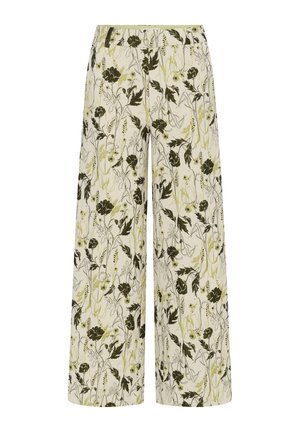 Krém színű, bőszárú nadrág fekete és olívazöld virág- és levélmintával, magasított derékrésszel és oldalzsebekkel.