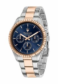 Orologio argento e rosé con quadrante blu, caratterizzato da tre sottodial, una lunetta testurizzata e un design con bracciale a maglie. Impermeabile fino a 100 metri.