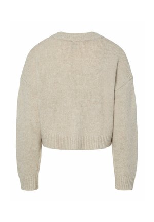 Maglione corto beige lavorato a maglia con maniche lunghe, polsini, orlo e scollo a girocollo a coste, mostrato da dietro su sfondo bianco.