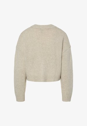 Maglione corto beige lavorato a maglia con maniche lunghe, polsini, orlo e scollo a girocollo a coste, mostrato da dietro su sfondo bianco.