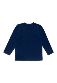 Maglietta a maniche lunghe blu navy in cotone. Presenta un collo rotondo e orli cuciti, con una texture liscia e uniforme. Nessun motivo visibile.