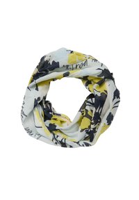 Lekki, pierścieniowy szal w pastelowym niebieskim kolorze z kwiatowymi wzorami w żółtym i granatowym, wykonany z miękkiego, teksturowanego materiału o swobodnym kroju.