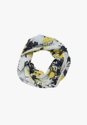 Lekki, pierścieniowy szal w pastelowym niebieskim kolorze z kwiatowymi wzorami w żółtym i granatowym, wykonany z miękkiego, teksturowanego materiału o swobodnym kroju.