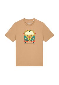 Beige T-Shirt mit einem bunten Vintage-Van-Graphic, das Blumen und ein Friedenssymbol zeigt. Aus weichem Baumwollmaterial, normaler Schnitt, Rundhalsausschnitt.