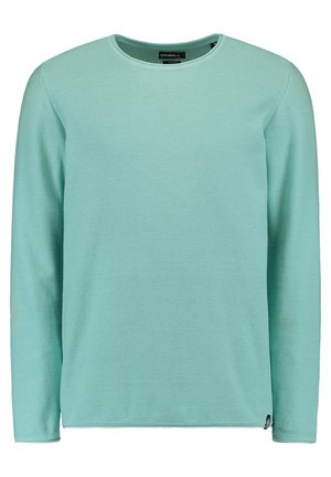 Light blue long-sleeve sweater made of textured fabric, featuring a round neckline and a small logo on the lower side.