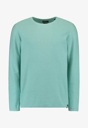 Helles blaues Langarmpullover aus strukturiertem Stoff, mit Rundhalsausschnitt und kleinem Logo an der unteren Seite.