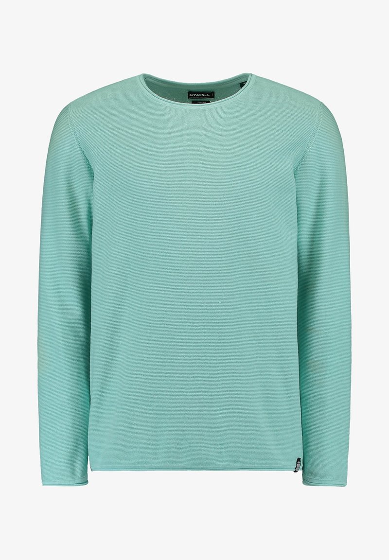 Světlomodrý svetr s dlouhým rukávem vyrobený z texturované látky, s kulatým výstřihem a malým logem na spodní straně.