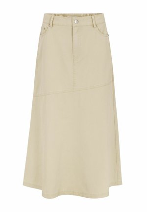 Beige A-lijn rok met knopen aan de voorkant, riemlussen, zakken en een schuine naaddetail onder de taille.