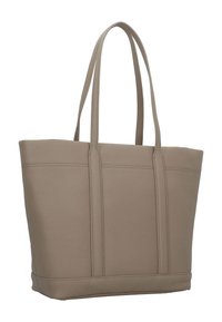 Borsa tote in pelle beige con doppie tracolle e dettagli di cucitura verticale su uno sfondo bianco puro.