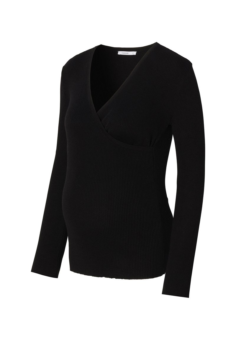 Schwarzes, geripptes Langarmoberteil mit V-Ausschnitt und taillierter Silhouette, das mit einer Wickel-Front ausgestattet ist, die einen wachsenden Babybauch berücksichtigt.