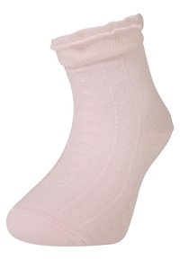 Lichtroze enkelkous met een gestructureerd ontwerp, geribbelde boord en gladde stof. Elastische pasvorm voor comfort en gemakkelijk aantrekken.