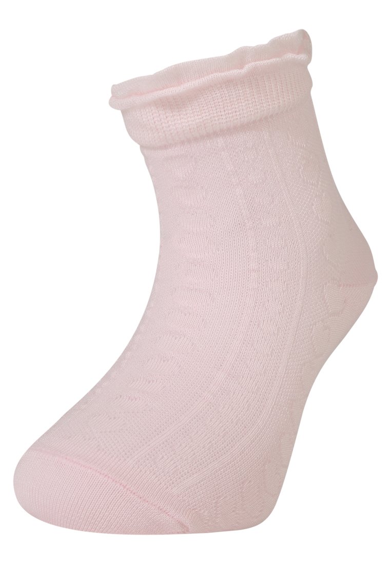 Lichtroze enkelkous met een gestructureerd ontwerp, geribbelde boord en gladde stof. Elastische pasvorm voor comfort en gemakkelijk aantrekken.