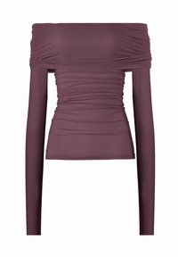 Off-shoulder top i dyb mauve med rynket design, lange ærmer og en tætsiddende pasform med glat stoftekstur.