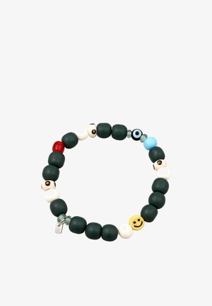 Armband mit dunkelgrünen, weißen, roten, blauen und gelben Perlen, darunter ein Auge-Design und eine gelbe Smiley-Gesicht-Perle.