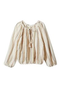 T-shirt à manches longues en beige clair avec des rayures verticales, présentant un col rond, un cordon de serrage avec des glands et un tissu texturé.