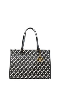 Borsa a tote nera con motivo intessuto bianco, manici in pelle, accessori in oro e un ciondolo con un logo circolare. Finitura texture.