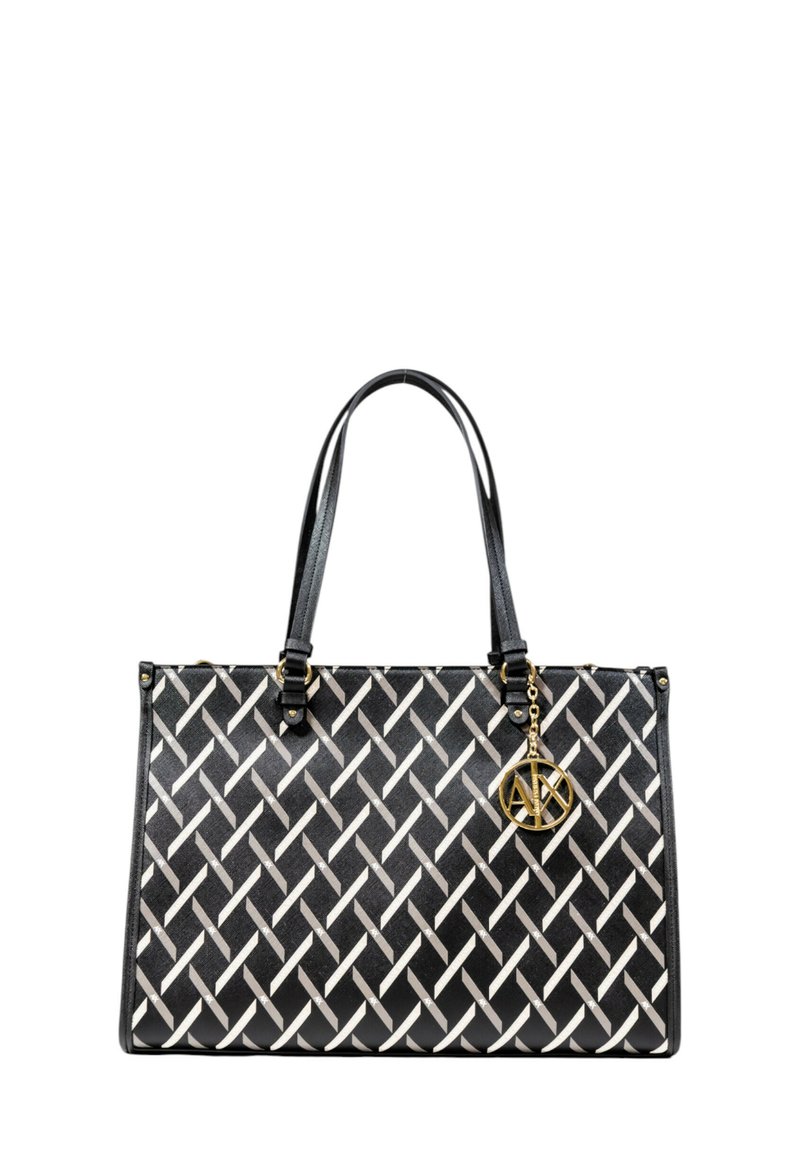 Borsa a tote nera con motivo intessuto bianco, manici in pelle, accessori in oro e un ciondolo con un logo circolare. Finitura texture.