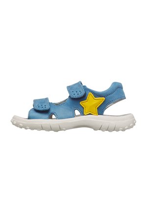 Sandalo blu per bambini con due cinturini in Velcro, suola bianca e dettaglio di una stella gialla sul lato.