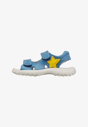 Sandalo blu per bambini con due cinturini in Velcro, suola bianca e dettaglio di una stella gialla sul lato.