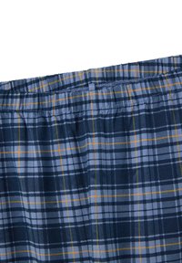 Tissu à carreaux bleus avec des lignes jaunes et bleu foncé, doté d'une taille élastique avec une texture froncée. Convient pour un port confortable.