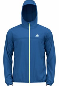 Blue lightweight jacket with a hood, featuring a yellow zipper, mesh accents, and long sleeves; designed for outdoor activities.