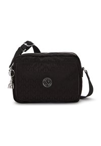 Sorte vatteret stof crossbody taske med lynl�åslukning, sølvhardware, et rundt emblem og en aftagelig charm-dekoration. Justerbar rem.