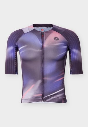 Ποδηλατικό φανελάκι με κοντά μανίκια, σε μοβ, ροζ και λευκά αφηρημένα σχέδια, με πλήρη φερμουάρ μπροστά και λογότυπο στο αριστερό στήθος.