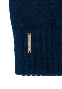 Dunkelblau gestrickte Beanie mit geripptem Texture und einem silbernen Etikettakzent an der Seite. Das Design hat eine enge Passform und besteht aus weichem Stoff.