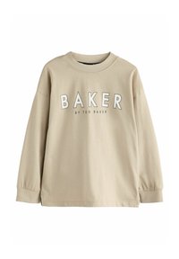 Beiger Langarm-Sweatshirt mit Rundhalsausschnitt, ausgestattet mit dem "BAKER"-Logo in fetter Typografie. Glatte Stoffoberfläche mit leicht gerafften Ärmelbündchen.