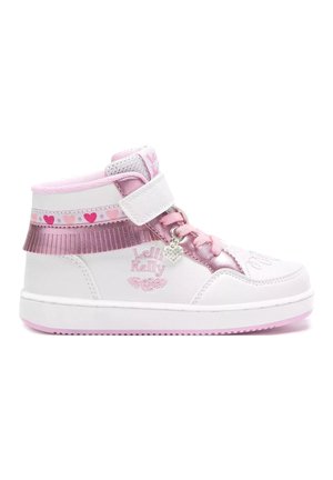 Scarpe high-top bianche e rosa con una striscia in velcro, motivi a cuore, dettagli in satin e glitter sui lati e sulla linguetta.