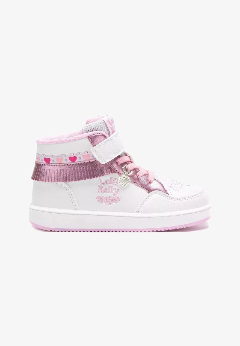 Scarpe high-top bianche e rosa con una striscia in velcro, motivi a cuore, dettagli in satin e glitter sui lati e sulla linguetta.