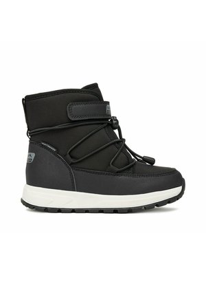 Black waterproof winter boot with white sole, adjustable elastic laces, and Velcro strap, designed for cold-weather outdoor use.