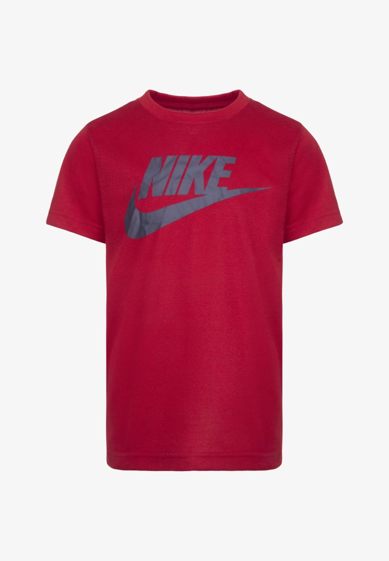 Raudona medvilninė marškinė su trumpomis rankovėmis ir apvaliu kaklu. Priekyje ryškiai išspausdintas pilkas Nike logotipas.