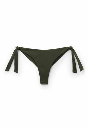 Dunkelgrüner Bikinihöschen mit seitlichen Bindestraps, flach auf weißem Hintergrund liegend, zeigt Vorderansicht und schlichtes Design.