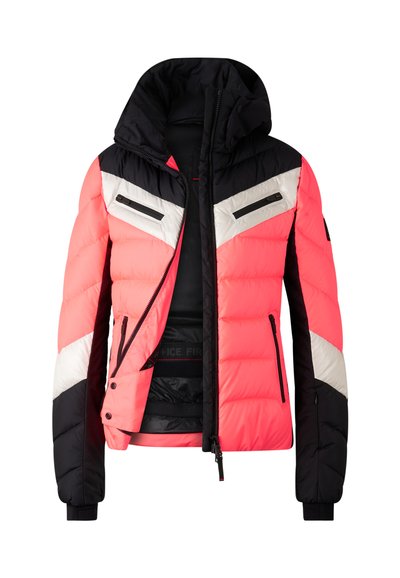 Padded jacket featuring a mix of bright pink, black, and white colors. Includes a high collar, zippered pockets, and horizontal quilted texture.