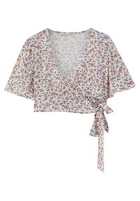 Blouse à manches courtes et courte en tissu léger avec un motif floral. Dotée d'un décolleté en V profond et d'une ceinture à nouer pour un ajustement réglable.