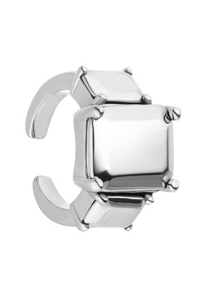 Silver-tone ring featuring two square, polished geometric elements with rounded edges and open band design. Smooth, reflective surface.