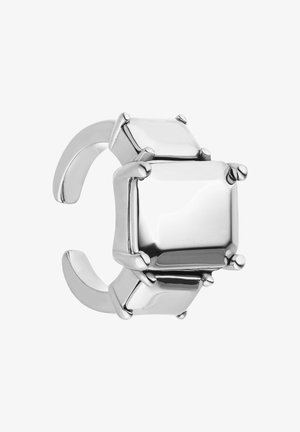 Silver-tone ring featuring two square, polished geometric elements with rounded edges and open band design. Smooth, reflective surface.