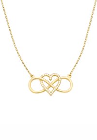 Guld uendeligheds-halskæde med et hjerteformet vedhæng, prydet med diamanter. Kæden er delikat med jævnt fordelte led.