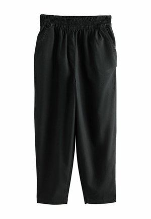 Black elastic waist pants with side pockets, straight legs, and a relaxed fit.