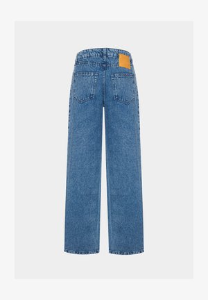 Blaue Denim-weitbeinige Jeans mit hohem Bund, zwei Gesäßtaschen und einem sichtbaren Etikett-Label am hinteren Bund.