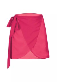 Różowa spódnica wykonana z przezroczystego materiału z wiązaniem w talii. Posiada zwiewny krój i asymetryczny dół.