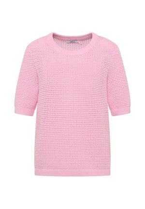 Light pink short-sleeve knit sweater with a round neckline and textured open weave pattern, labeled "Cecil" inside the collar.