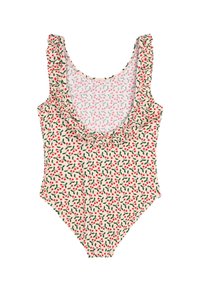 Maillot de bain une pièce avec un fond crème, orné d'un motif de feuilles de cerisier en rouge et vert, avec des volants le long de l'encolure et des épaules.