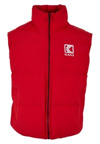 Rote Steppweste mit hohem Kragen, Frontreißverschluss und einem Logo auf der Brust. Hergestellt aus gepolstertem Material, mit glatter Textur und ohne Ärmel.